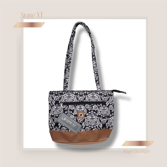 🌿Stone Mountain NY Quilted Floral Tote Bag NWT Black Tan Boho Chic Shoulder Bag - Picture 2 of 11